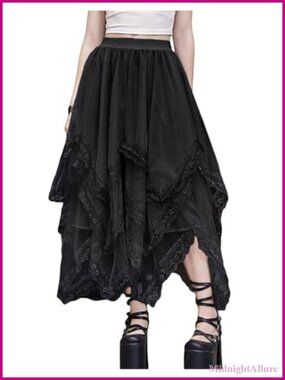 Lace Trim Layered Mesh Tulle Asymmetrical Gothic Skirt